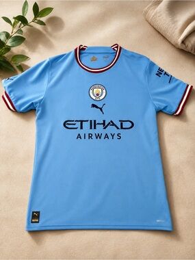 Puma Manchester City Sky Blue Short Sleeve Football Jersey with Maroon Trim